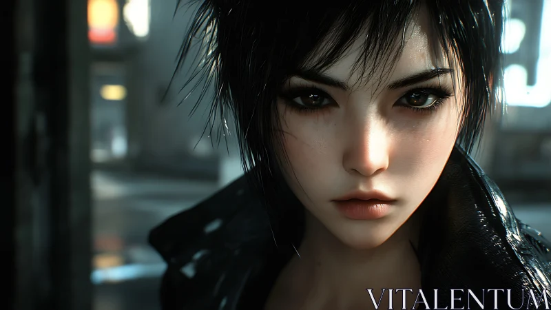 Digital portrait of short haired character in urban setting.