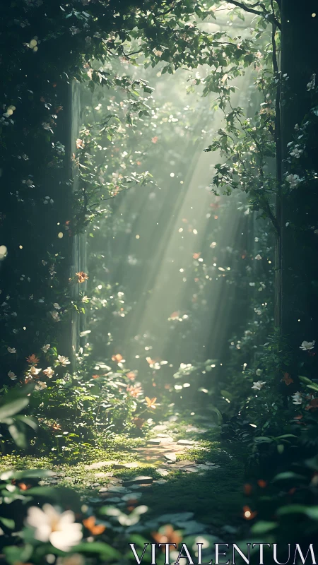 Sunlit garden corridor reveals ethereal light through flowering vines.