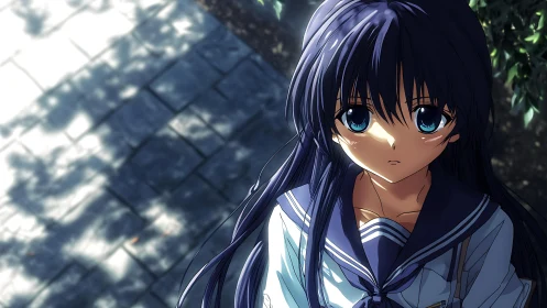 Quiet midday pause with a thoughtful blue eyed schoolgirl.