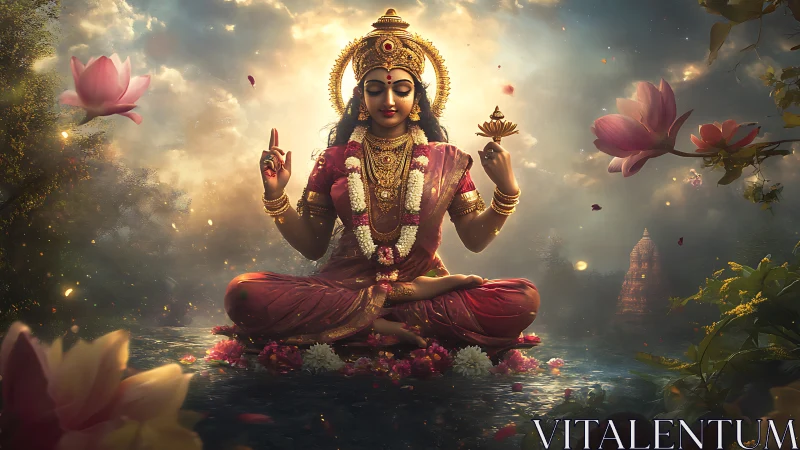 Seated multi-armed deity figure floats on lotus-filled water