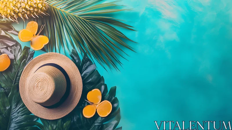 Straw hat rests on tropical leaves beside bright turquoise water