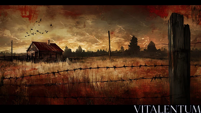 Barbed-wire horizon with derelict farmhouse at incendiary dusk.