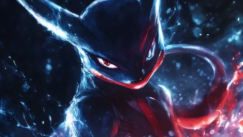 Midnight elemental creature in glowing red and blue surge.