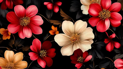 High-resolution digital botanical composition with stratified chromatic layering and ornamental flor