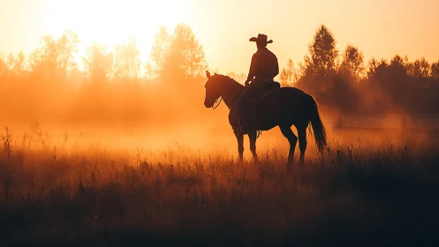 Silhouetted cowboy on horseback stands in hazy orange sunrise