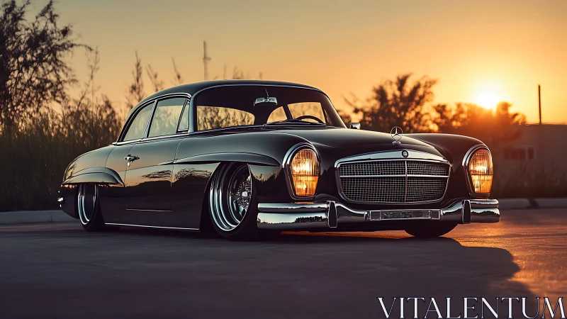 Sunset cruise with a sleek classic car shining bright.