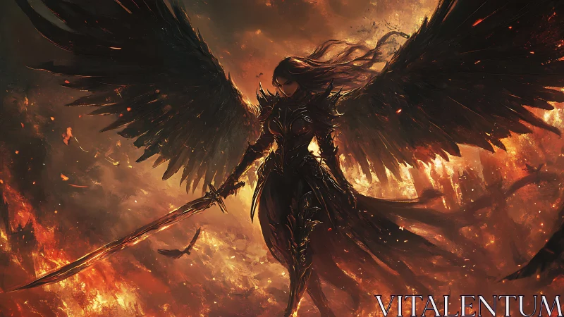 Winged warrior rising through firelit storm skies.