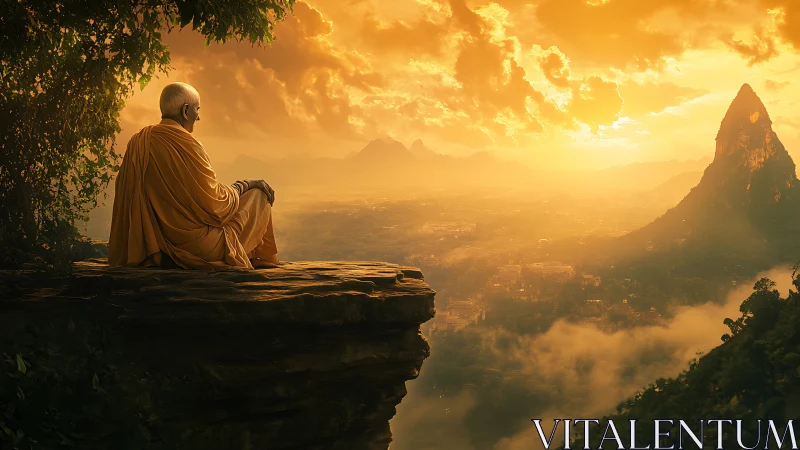 Elderly figure on cliff edge overlooking hazy valley at dusk.