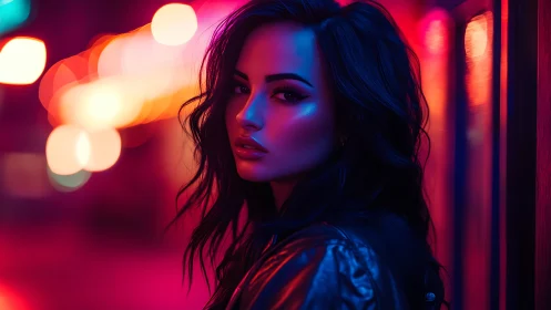 Neon lit night portrait captures moody urban allure