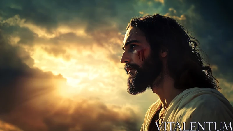 Contemplative robed figure gazes toward radiant sunset sky.