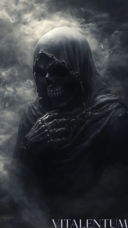 Shrouded skeletal reaper emerges from swirling ghostly mist