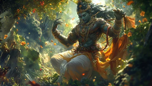 Blue-skinned deity dancing dynamically in dense forest light