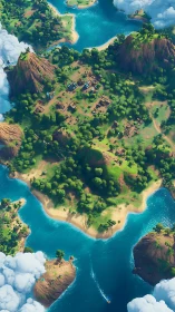 Tropical Island Village Surrounded by Turquoise Waters.