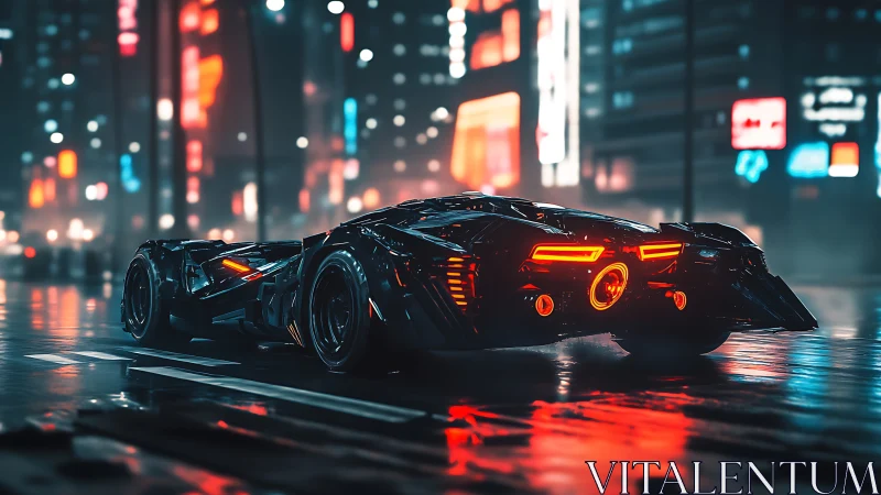 Neon-laced cybernetic supercar on rain-laminated city roadway.
