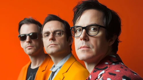 Three serious men in bright jackets stand against vivid orange