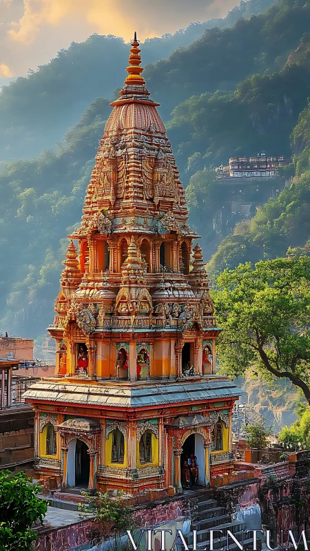 Ornate Hindu temple tower amid misty forested hills.