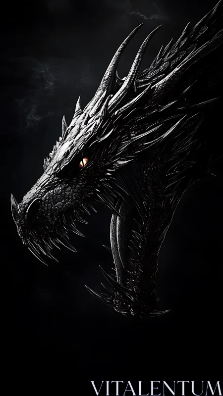 Shadowed obsidian dragon head glows with a single ember eye.