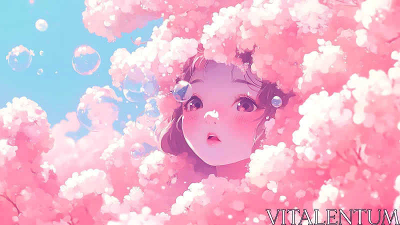 Soft anime portrait framed by ethereal pink blossom clouds