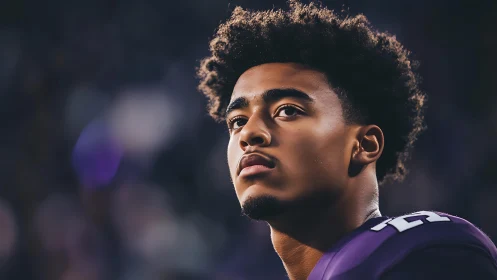 Portrait of young male football player in stadium setting.