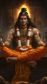 Divine yogi seated in temple sanctum with radiant halo flame