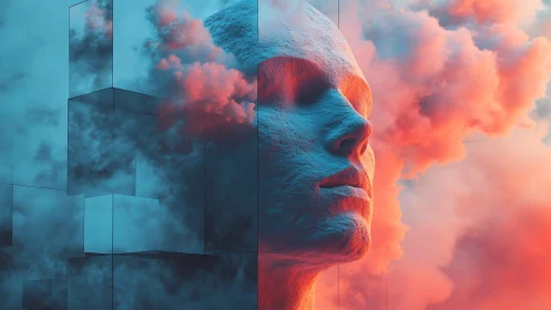 Textured human head sculpture amid colored volumetric clouds.
