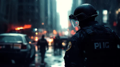 Rain-slicked riot gear listens to the sirens paint the night