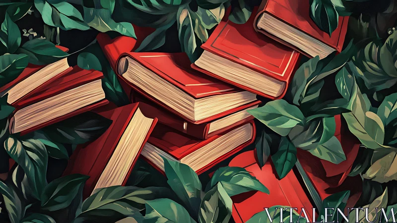 Red hardbound books layered within lush green foliage.