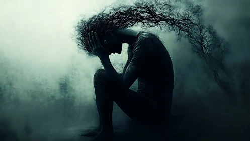 Digital silhouette embodying mental anguish in misty void.