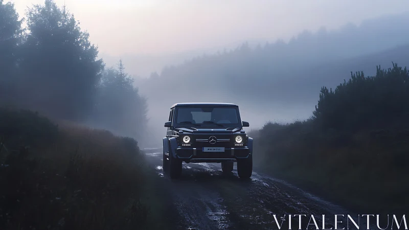 Headlights carve bright tunnels through a lonely misted trail