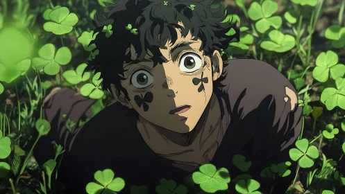Anime boy with clover face marks stares upward in dense field