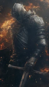 Burned knight grips sword amid swirling embers and ash