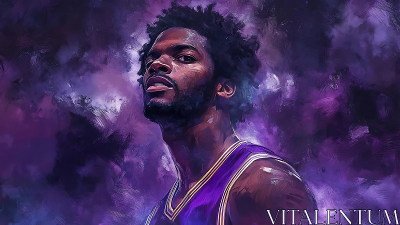 Confident basketball player emerges from swirling violet haze