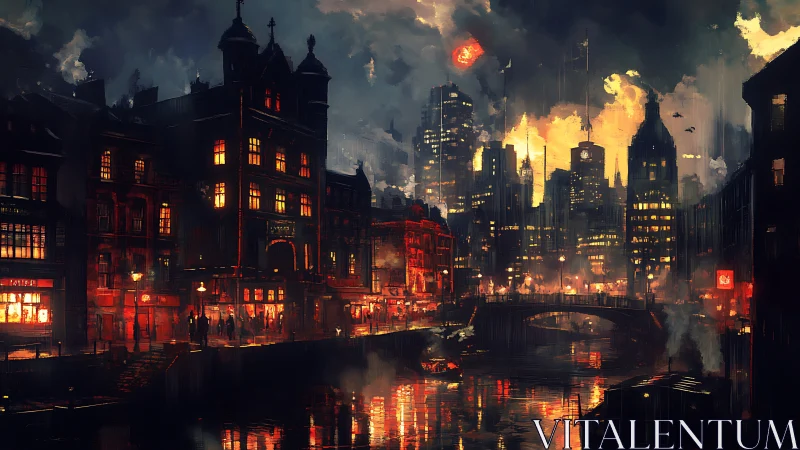 Moody riverside cityscape with glowing neon windows at dusk.