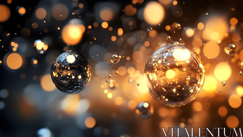 Glowing Glass Spheres Floating in Abstract Golden Bokeh Style.