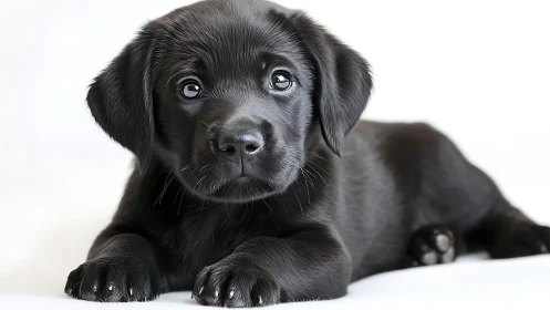 Black Labrador puppy rests on white backdrop, gazing softly.