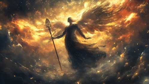 Fiery winged angel with spear in swirling cosmic clouds.