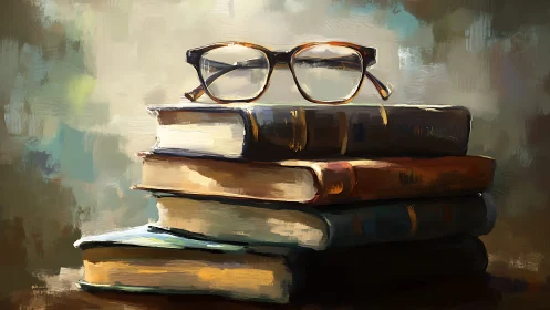Glasses rest on stacked vintage books in painterly scene
