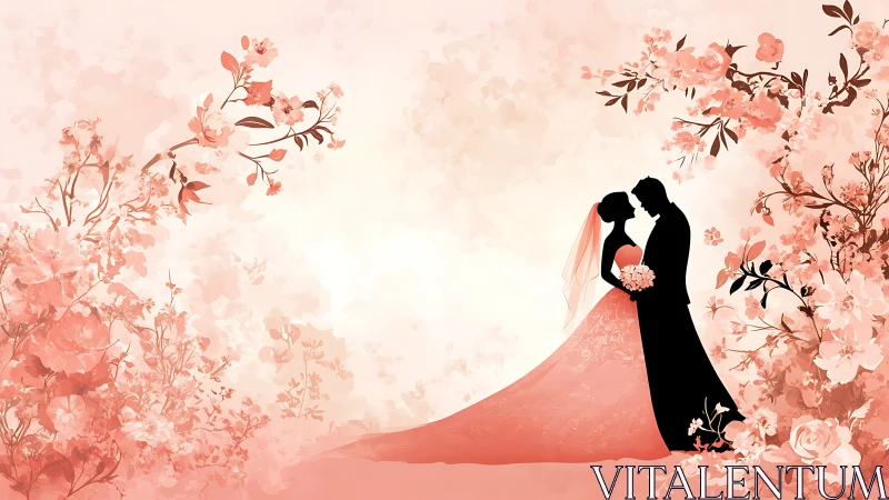 Silhouetted Bride and Groom with Floral Garden Setting.