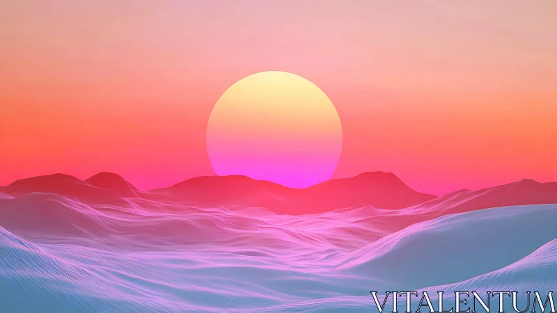 Neon sun rises over pastel dunes in surreal horizon