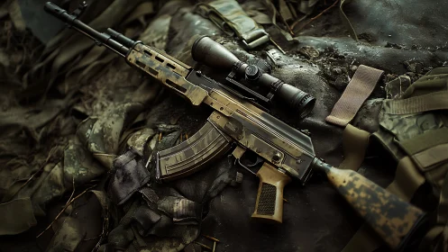 Scoped desert rifle resting in rugged tactical stillness.