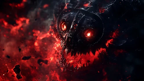 Demonic skull erupts from molten darkness with burning eyes