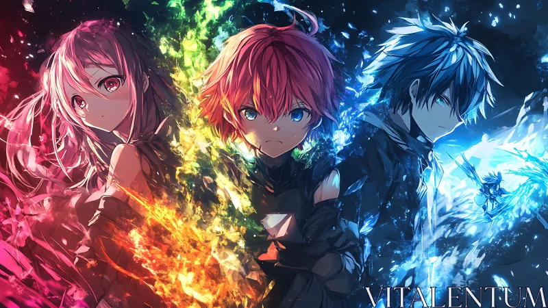 Elemental anime trio framed by explosive chromatic energy.