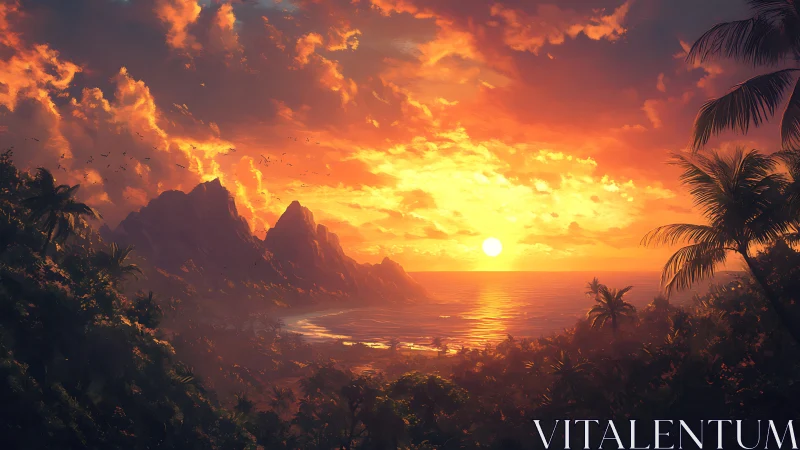 Radiant tropical sunset over lush volcanic coastline.