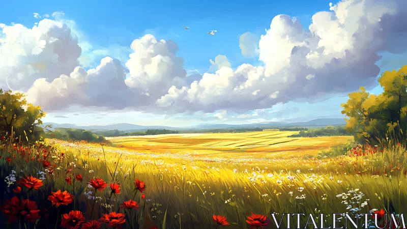 Sunlit wildflower plains under roaming storybook clouds.