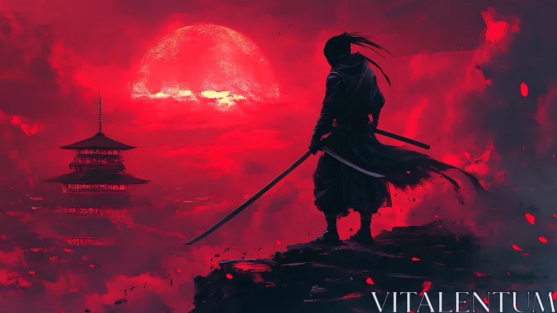 Lone samurai greeting a blazing crimson sunset sky.