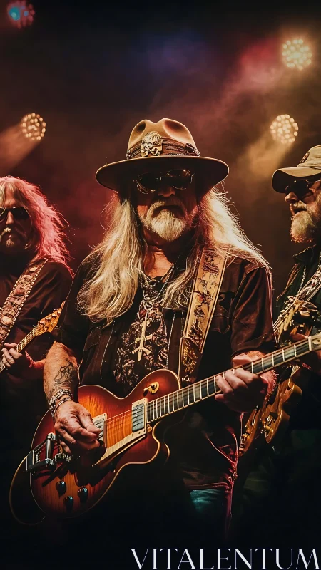 Golden-hour guitar legends lost in a smoky stage groove.