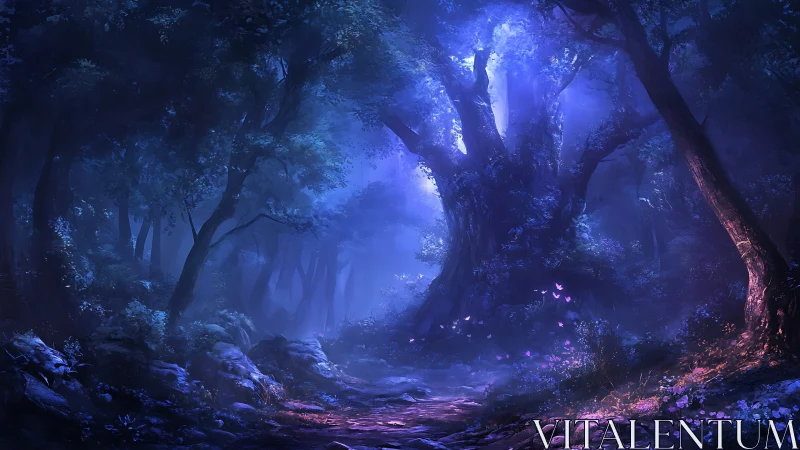 Luminescent forest pathway with crystalline flora and bioluminescent ambient lighting