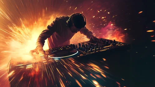 Dynamic DJ performance amid explosive neon light streaks.
