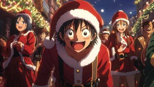 Anime street festival with Santa costumes and holiday lighting