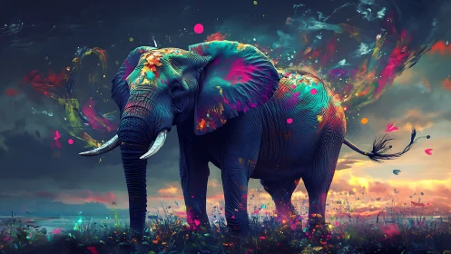Color-splashed elephant wandering through a dream dusk.